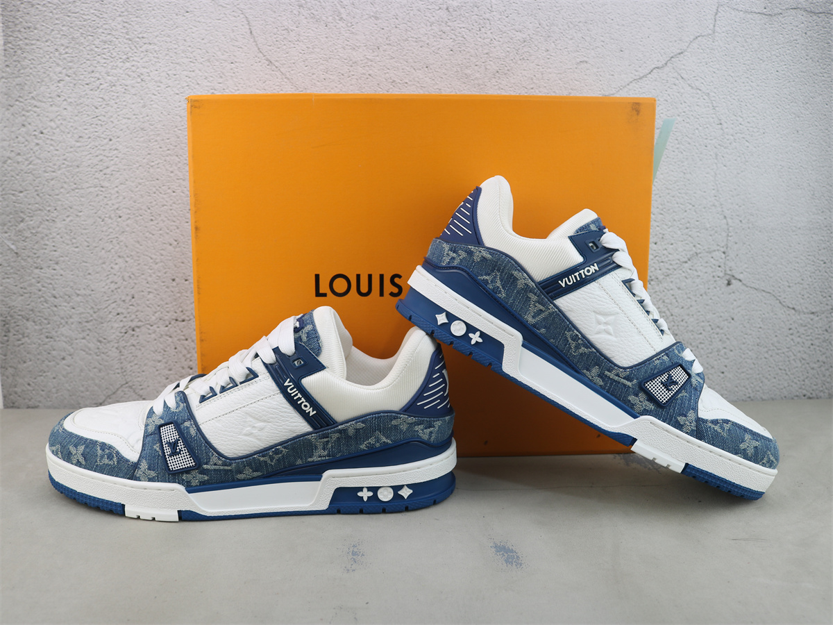 LV Trainer Sneaker White Blue Monogram denim